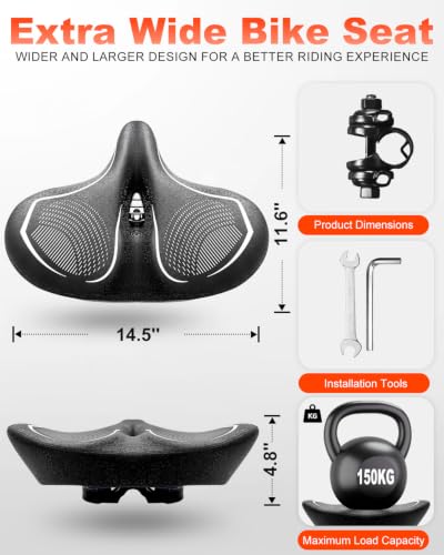 Oversized Waterproof Bike Seat 14.5W for Men Women Fat People Extra Wide Leather