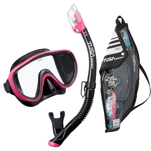Adult Snorkel Mask and Dry Snorkel Combo with Reusable Travel Bag - Black & Hot Pink