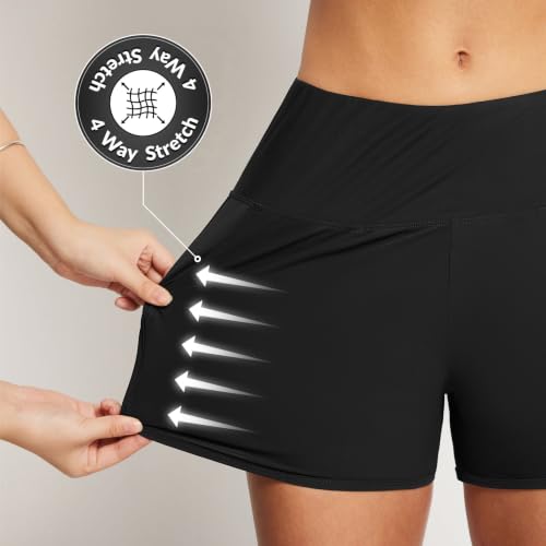 High Waisted Swim Shorts with Pockets - 3 Inch Inseam, Large, Black