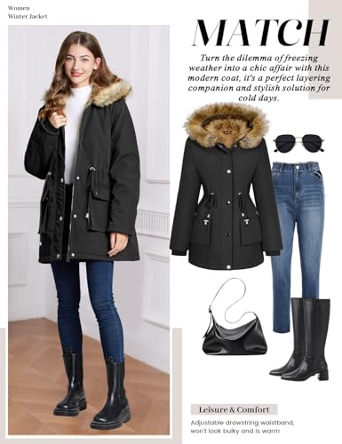 Women Winter Coat with Fleece Lining & Faux Fur Hood - Large, Black