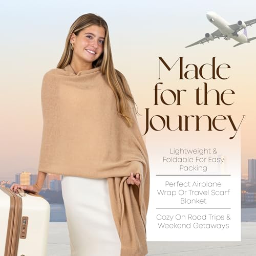 Velanio Cashmere Wool Blend Wrap for Women - Tan Pashmina Shawl 78x27 Travel