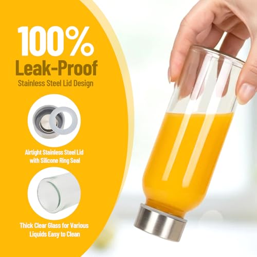 10 oz Glass Juice Bottles Set of 6 Leakproof BPA-Free Reusable with Stainless Steel Lids & Straws