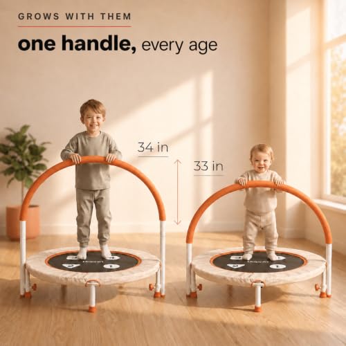 Happin 36-Inch Foldable Toddler Trampoline with Handlebar - Beige & Orange