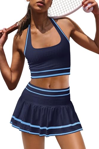 Yanekop Womens Tennis Skirt Set - 2 Piece Workout Golf Outfit Navy Blue Small
