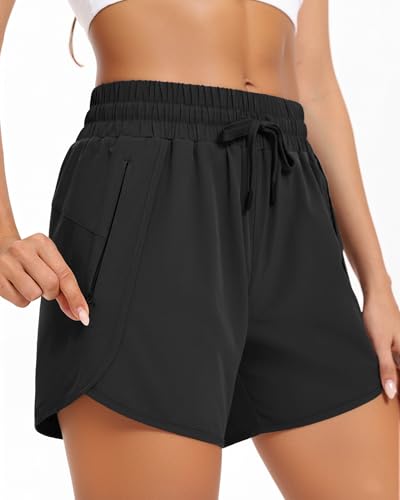 Women's 5 Inch Inseam Athletic Running Shorts with Zip Pockets - Medium Black
