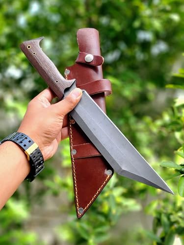 Handmade Viking Seax Knife with Leather Sheath - 10-inch High-Carbon Steel Fixed Blade Hunting Knife