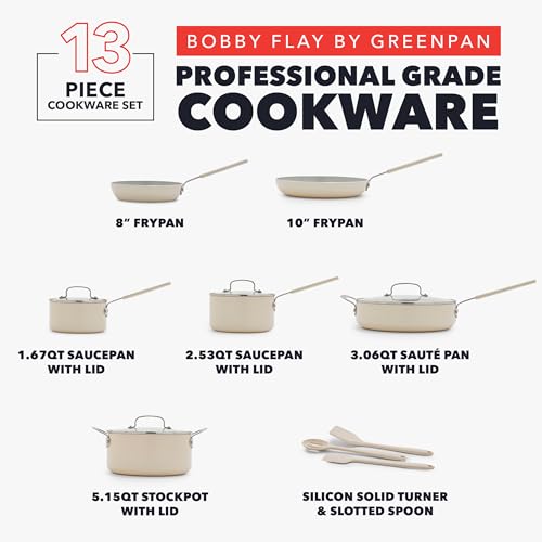 GreenPan x Bobby Flay 13-Piece Cream White Ceramic Nonstick Cookware Set – Durable, Toxin-Free Kitchen Collection