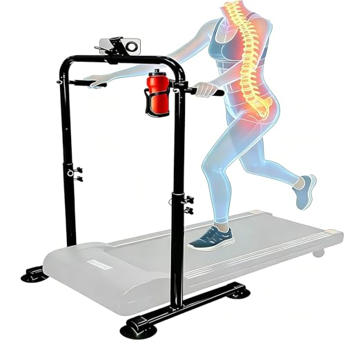 Adjustable Walking Pad Handrail with Phone & Cup Holder, Ergonomic Steel Support
