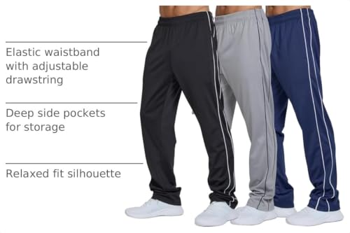 Men's Athletic Track Pants 3 Pack - Open Bottom Sweatpants, X-Large Black White & Navy