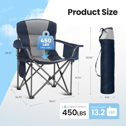 Twin Pack Oversized Folding Camping Chairs Support 450 LBS Blue - Portable Outdoor Seating