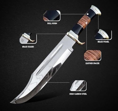 Large 17-Inch Survival Bowie Knife with Leather Sheath - Hunting Camping Fixed Blade