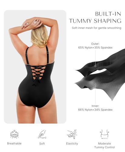 SHAPELLX X-Large Black One-Piece Tummy Control Swimsuit Lace-Up Back Bathing Suit