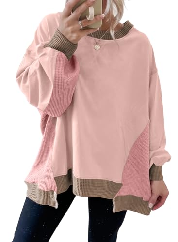 Women’s Oversized Waffle Knit Crew Neck Sweatshirt - Light Pink, Medium
