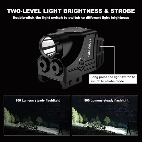 LIGHTWIN 3-in-1 Laser Sight & Flashlight for Pistols, Red & Purple, 800 Lumens, USB Rechargeable, Picatinny Rail Compatible