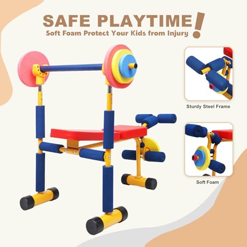Kids Workout Bench Set with Adjustable Barbell and Soft Foam Padding - Indoor Play Gym for Ages 3+