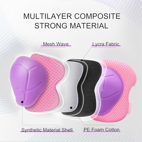 Kids Knee and Elbow Pads Wrist Guards Set - Purple Pink, S (3-7 Years)
