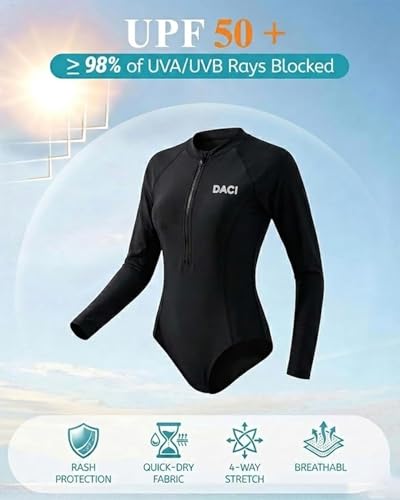 Daci Women Long Sleeve Swimsuit Rash Guard with Built-in Bra UPF 50+ - Medium Black
