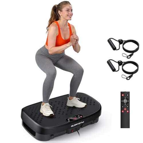 Glorygym Black Large Vibration Plate Exercise Machine for Weight Loss & Full Body Workout with Resistance Bands