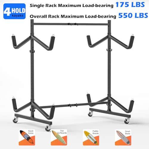 LLDDHHWW 4-Kayak Freestanding Storage Rack with Wheels, Adjustable Steel Canoe & Paddle Organizer