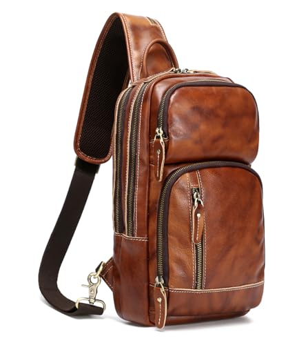 LANNSYNE Leather Sling Bag for Men - Crossbody Chest Pack Fits 10.5" iPad - Orange