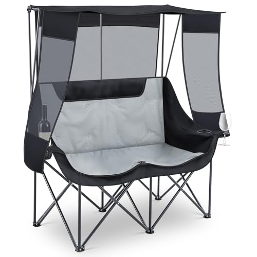 Teenyyou Double Camping Chair with Canopy Black and Grey - Heavy Duty 660lbs