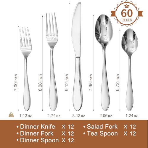 KINGSTONE 60-Piece Stainless Steel Silverware Set for 12, Modern Mirror Finish, Dishwasher Safe