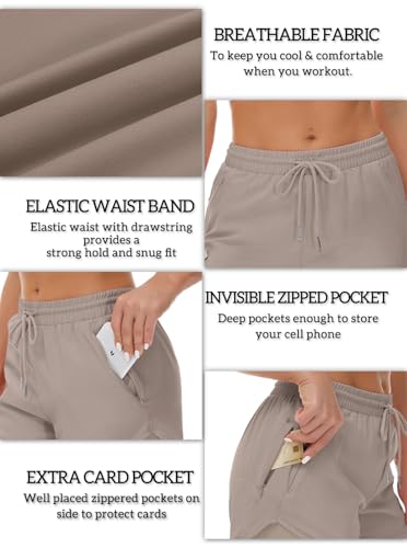 Women’s Running Shorts with Liner & 3 Zipper Pockets - Medium Khaki