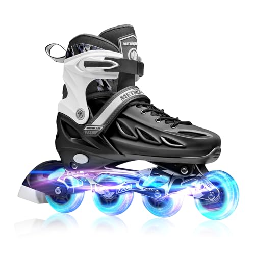 METROLLER Adjustable Inline Skates for Kids & Adults, Black XL (7-10 US) with Illuminated Wheels