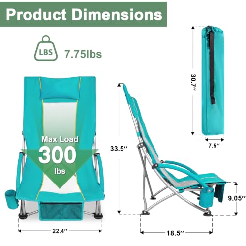 Romswi High Back Folding Camping & Beach Chair 300lb Support, Lightweight