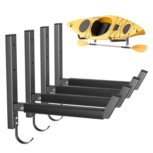 TORACK Wall-Mounted Kayak Rack for 2 Kayaks, Heavy Duty Garage Storage with Paddle Hooks