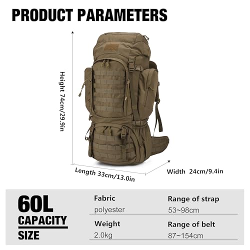 Mardingtop 60L Military Internal Frame Backpack Khaki - Tactical Hiking Pack