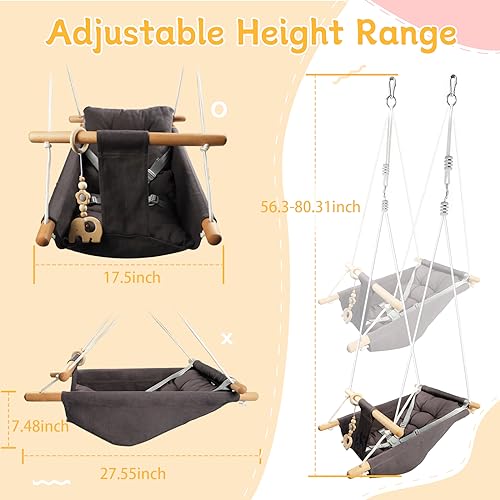 Tislly Dark Grey Outdoor & Indoor Baby Swing with 5-Point Safety Belt, Portable Toddler Porch Swing