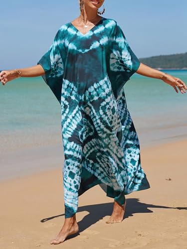 Turquoise Geometric Tie Dye Kaftan Dress - Plus Size Beach Cover Up