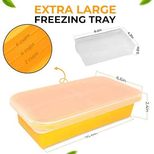 (2 Pack) Large Silicone Freezer Food Containers - 6 Cup Yellow, Reusable BPA-Free Ice Trays with Lids & Measurement Lines