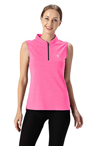 YSENTO Women's Golf Polo Tank Top - Medium Fluorescence Rose Red, Sleeveless, 1/4 Zip, UPF 50+