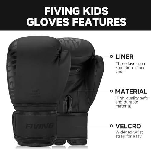 Kids Boxing Gloves - Black, 6oz for Youth Kickboxing & Training
