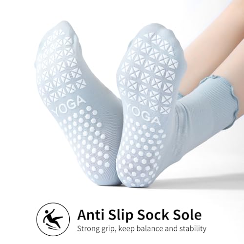Blue Women Pilates Socks with Non-Slip Grips, Ruffled Cuff - 3 Pairs