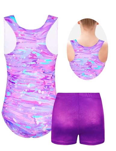 Girls Gymnastics Leotard with Sparkle and Shorts - Pink Purple Snow Dots, 6-7 Years