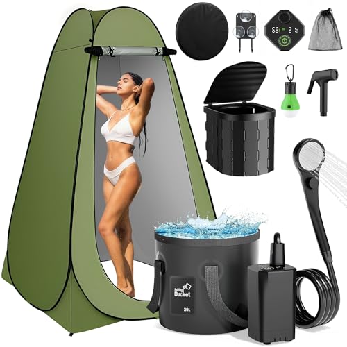 MILBOPAX Green Portable Camping Shower Kit with Privacy Tent & Foldable Bucket