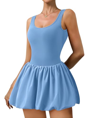 Women's Athletic Tennis Dress with Pockets - Bubble Hem, Light Blue, Large