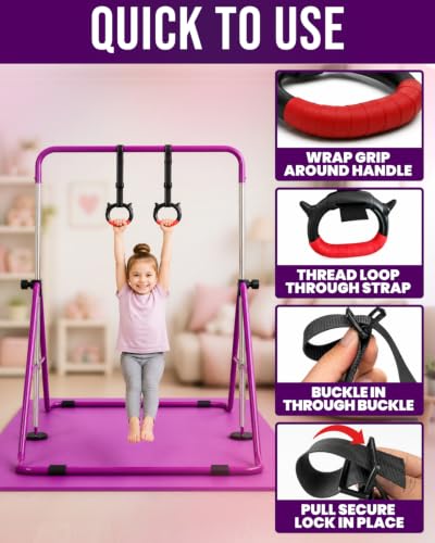 Foldable Kids Gymnastics Bar with Rings and Mat - Adjustable Height, Portable Exercise Equipment