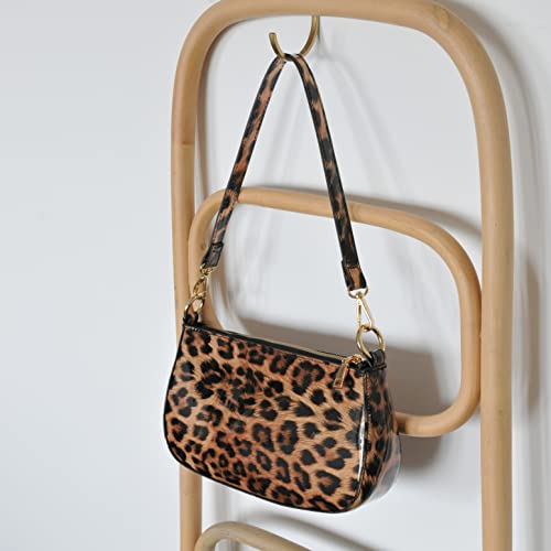 Brown Leopard Glossy Patent Vegan Leather Shoulder Bag - 90s Clutch Purse for Women