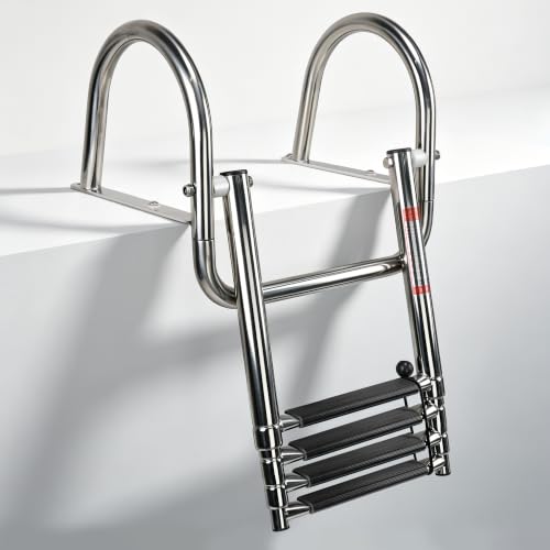 4 Step Pontoon Boat Ladder Stainless Steel Rear Entry Marine - Folding Telescoping Design