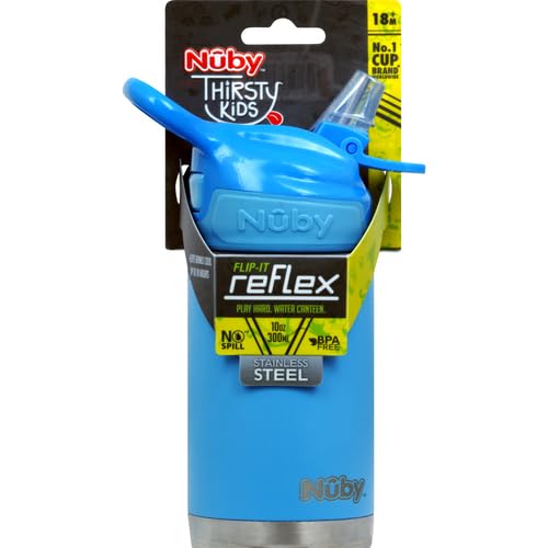Nuby Thirsty Kids No Spill Flip-It Reflex Travel Cup - 10 Oz Stainless Steel - Blue - 18+ Months