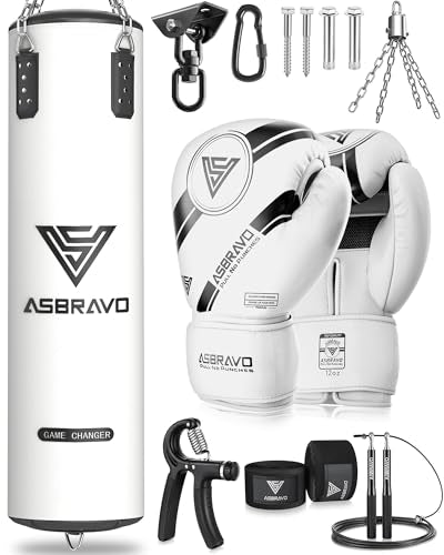 White 4ft PU Boxing Punching Bag Set with Gloves & Accessories - Adjustable Weight