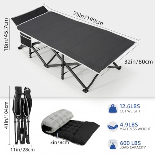 Black 32-Inch Extra Wide Camping Cot with Mattress - Heavy Duty Adult Sleeping Bed