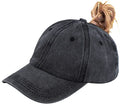 Medium Black Ponytail Baseball Cap Distressed Retro Washed for Women