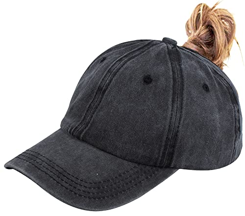 Medium Black Ponytail Baseball Cap Distressed Retro Washed for Women