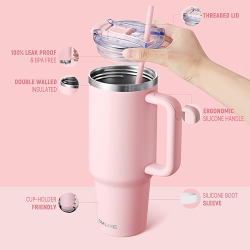 Pink 40 oz Insulated Stainless Steel Travel Mug with Handle & Straw Lid