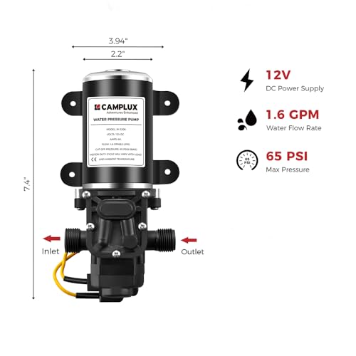 CAMPLUX 12V Water Pump Kit 1.6 GPM 65 PSI High Pressure Self-Priming RV Marine